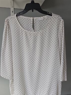 LOFT White Scoop Neck Blouse with Brown Polka Dots